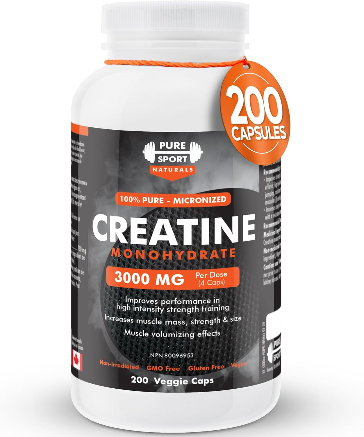 Creatine Monohydrate Capsules – 200 Count | 100% Pure Creatine Pills for Muscle Growth, Strength & Performance | 3000Mg High Absorption Formula | 50-Day Supply | Made in Canada