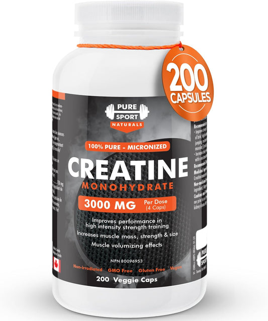 Creatine Monohydrate Capsules – 200 Count | 100% Pure Creatine Pills for Muscle Growth, Strength & Performance | 3000Mg High Absorption Formula | 50-Day Supply | Made in Canada