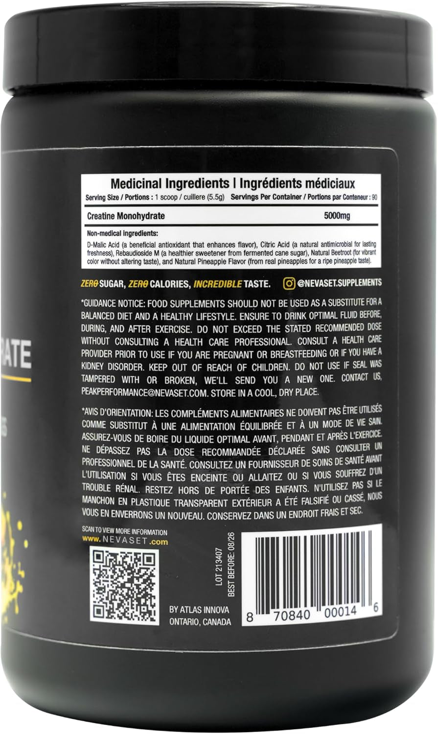 Nevaset Creatine Monohydrate, 3-Month Supply of 5000Mg Pineapple Flavor  Creatine Monohydrate! Creatine Supplement for Muscle Growth, Increased Strength, Enhanced Energy Output, Improved Athletic Performance, and Cognitive Health. 495G/90 Servings.