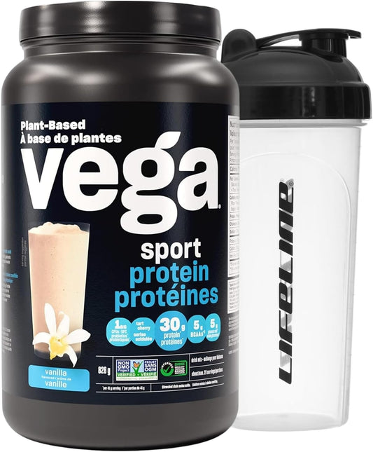 Vega Sport Protein Powder Vanilla with Shaker Bottle - Plant Based Vegan Protein Powder, Bcaas, Non Dairy, Gluten Free, Non GMO (20 Servings)