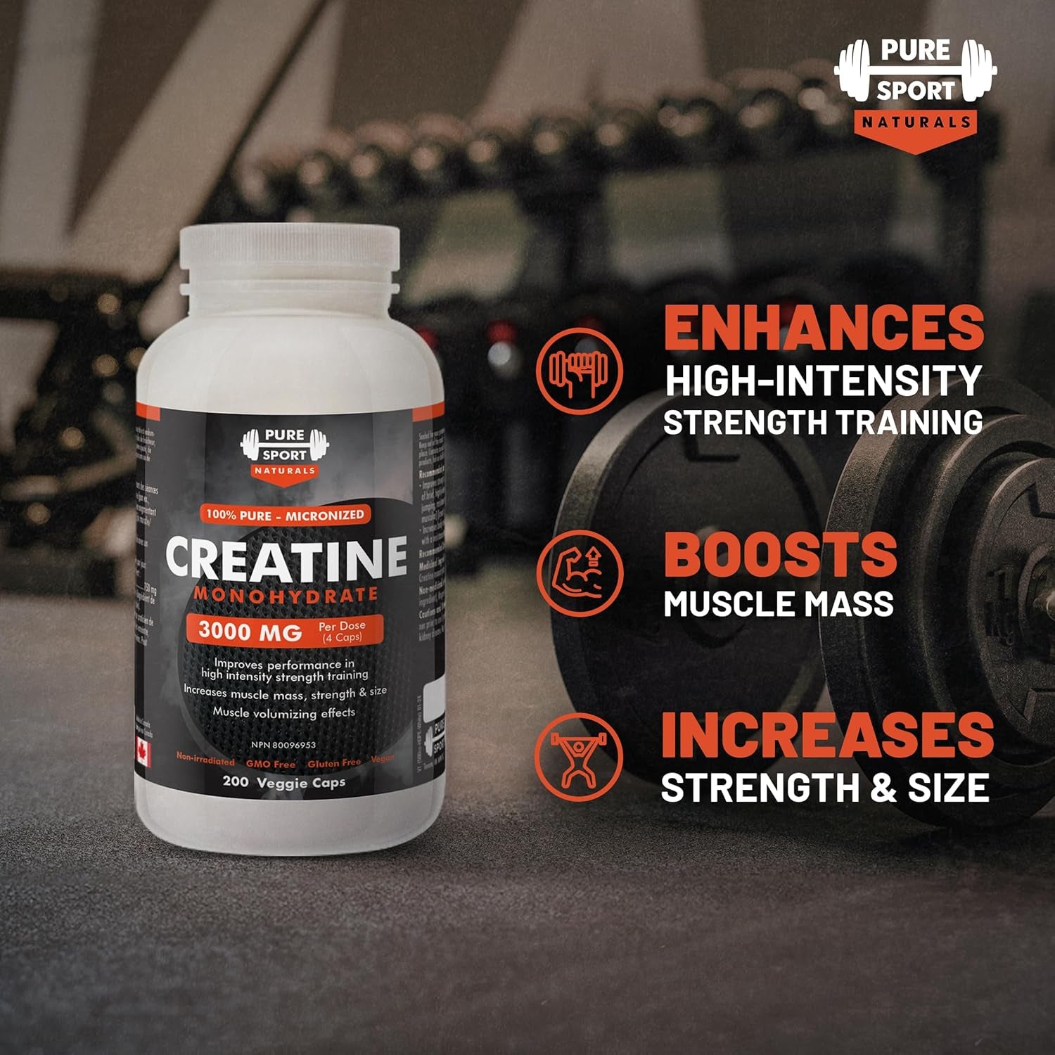 Creatine Monohydrate Capsules – 200 Count | 100% Pure Creatine Pills for Muscle Growth, Strength & Performance | 3000Mg High Absorption Formula | 50-Day Supply | Made in Canada