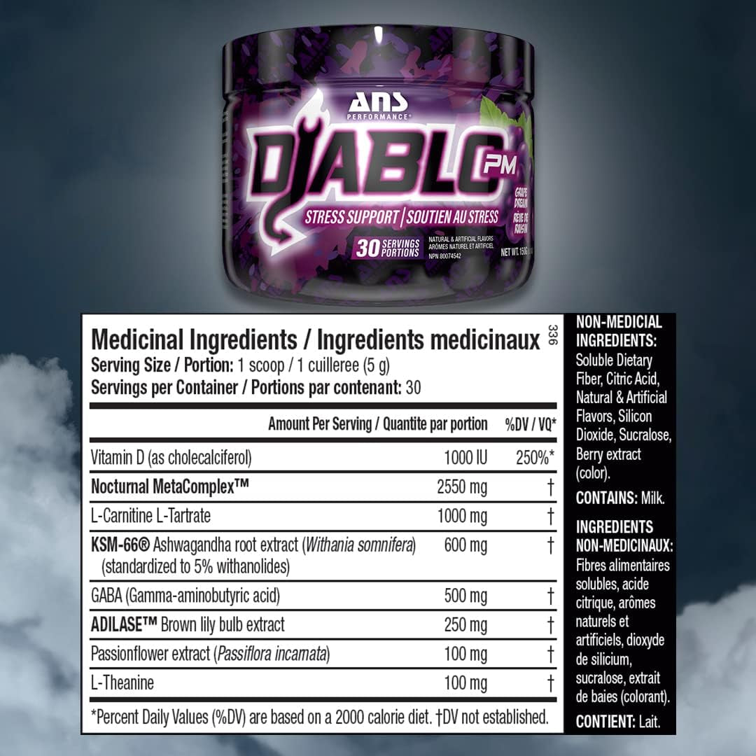 Diablo PM (30 Servings, 5.29 Oz) - Stress Relief Support - with Added GABA, L Theanine, L Carnitine, Ashawaghanda - Delicious Flavours (Grape Dream)