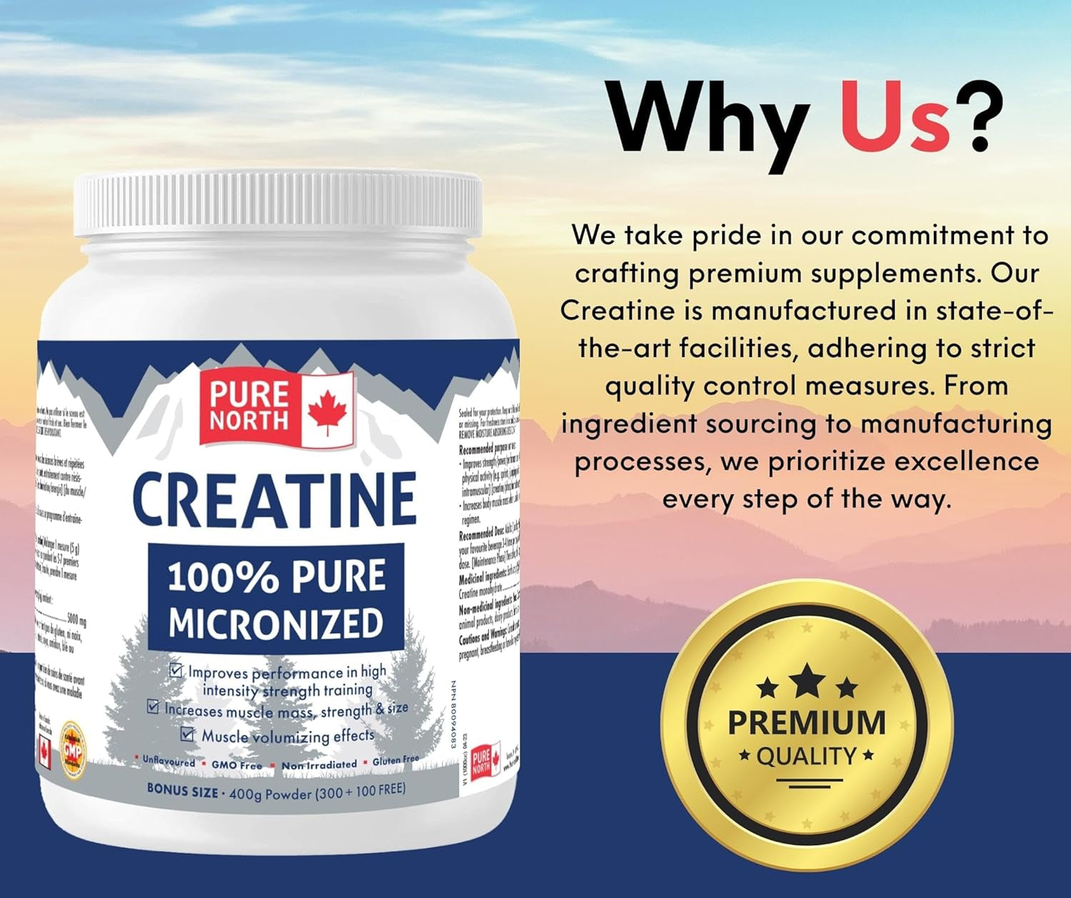 PURE Creatine 100% Micronized - Micronized Creatine Monohydrate for Man & Women - Unflavoured, GMO Free, Non Irradiated, Gluten Free -