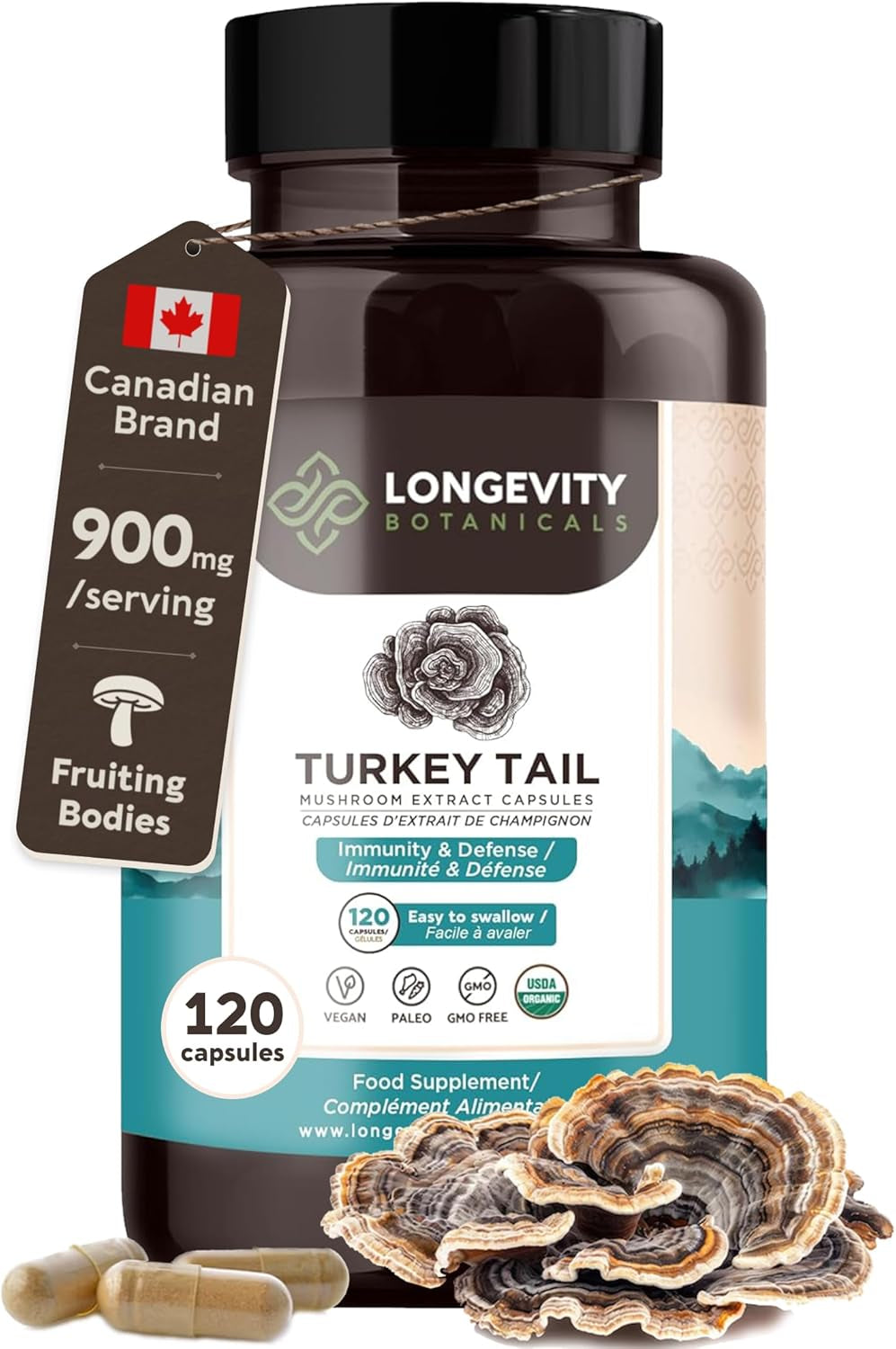 Organic Turkey Tail Mushroom Capsules - Ultra Concentrated Turkey Tail Mushroom Supplement - Promotes a Balanced Immune and Digestive System - 100% Fruiting Body - 120 Count -