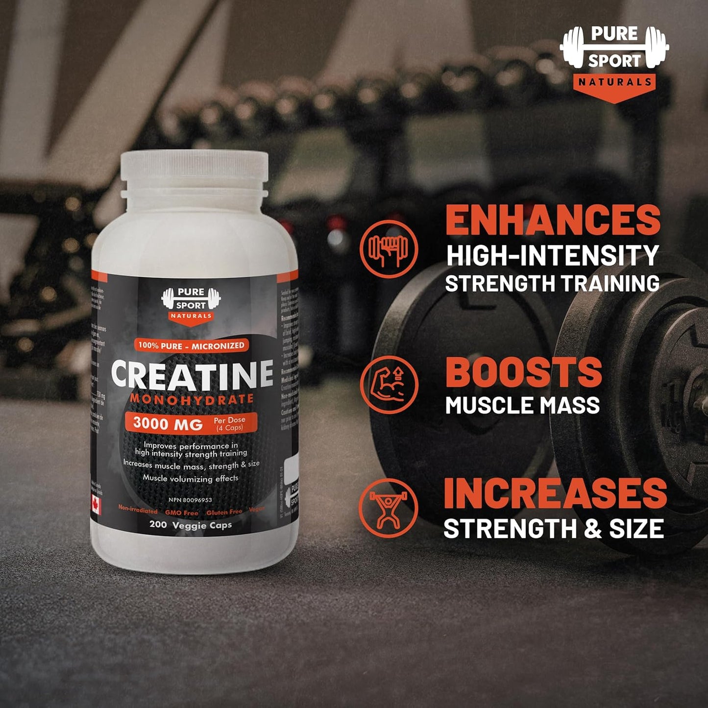 Creatine Monohydrate Capsules – 200 Count | 100% Pure Creatine Pills for Muscle Growth, Strength & Performance | 3000Mg High Absorption Formula | 50-Day Supply | Made in Canada