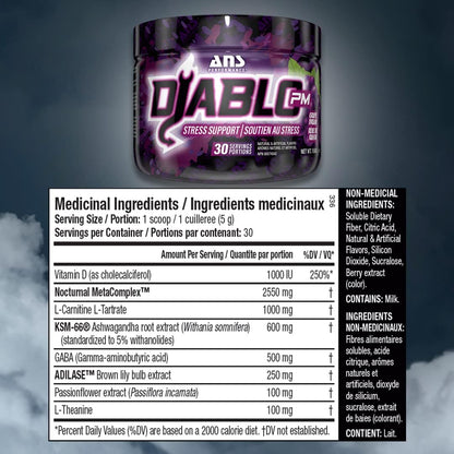 Diablo PM (30 Servings, 5.29 Oz) - Stress Relief Support - with Added GABA, L Theanine, L Carnitine, Ashawaghanda - Delicious Flavours (Grape Dream)