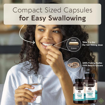 Organic Turkey Tail Mushroom Capsules - Ultra Concentrated Turkey Tail Mushroom Supplement - Promotes a Balanced Immune and Digestive System - 100% Fruiting Body - 120 Count -